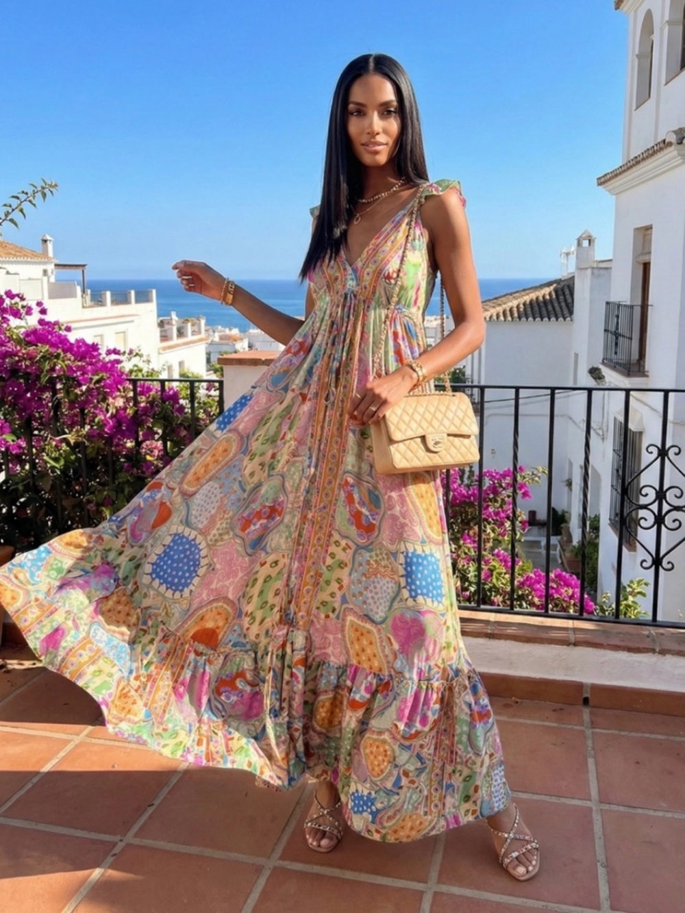 Bohemian Multicolor Paisley V-Neck Maxi Dress - Women
